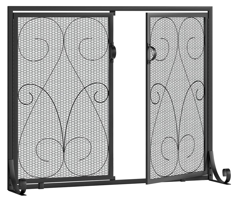 2-Panel Fireplace Screen with Doors Handcrafted Wrought Iron Decorative Mesh,...