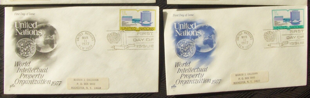UN 2 different FDC  WORLD INTELLECTUAL PROPERTY ORGANIZATION, NY 3/1977.