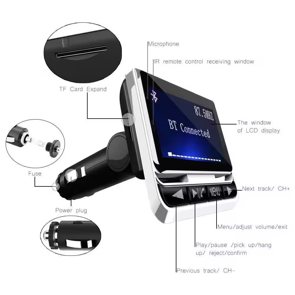 Bluetooth FM Transmitter Wireless Car Radio Adapter with 1.4 Screen for Hands Fr