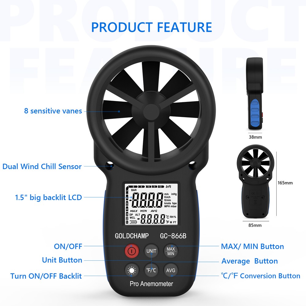 Handheld Anemometer Digital LCD Wind Speed Meter Gauge 30M/s Temperature Tester