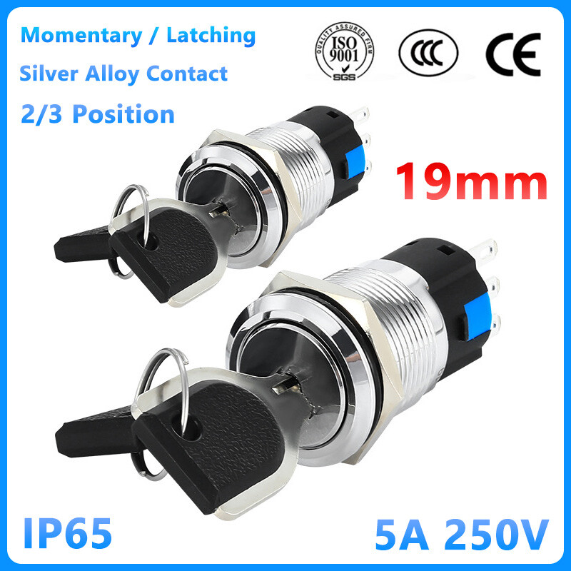 19mm Rotary Key Switch Latching 2/3 Position Selector Security Lock ON/OFF 5A