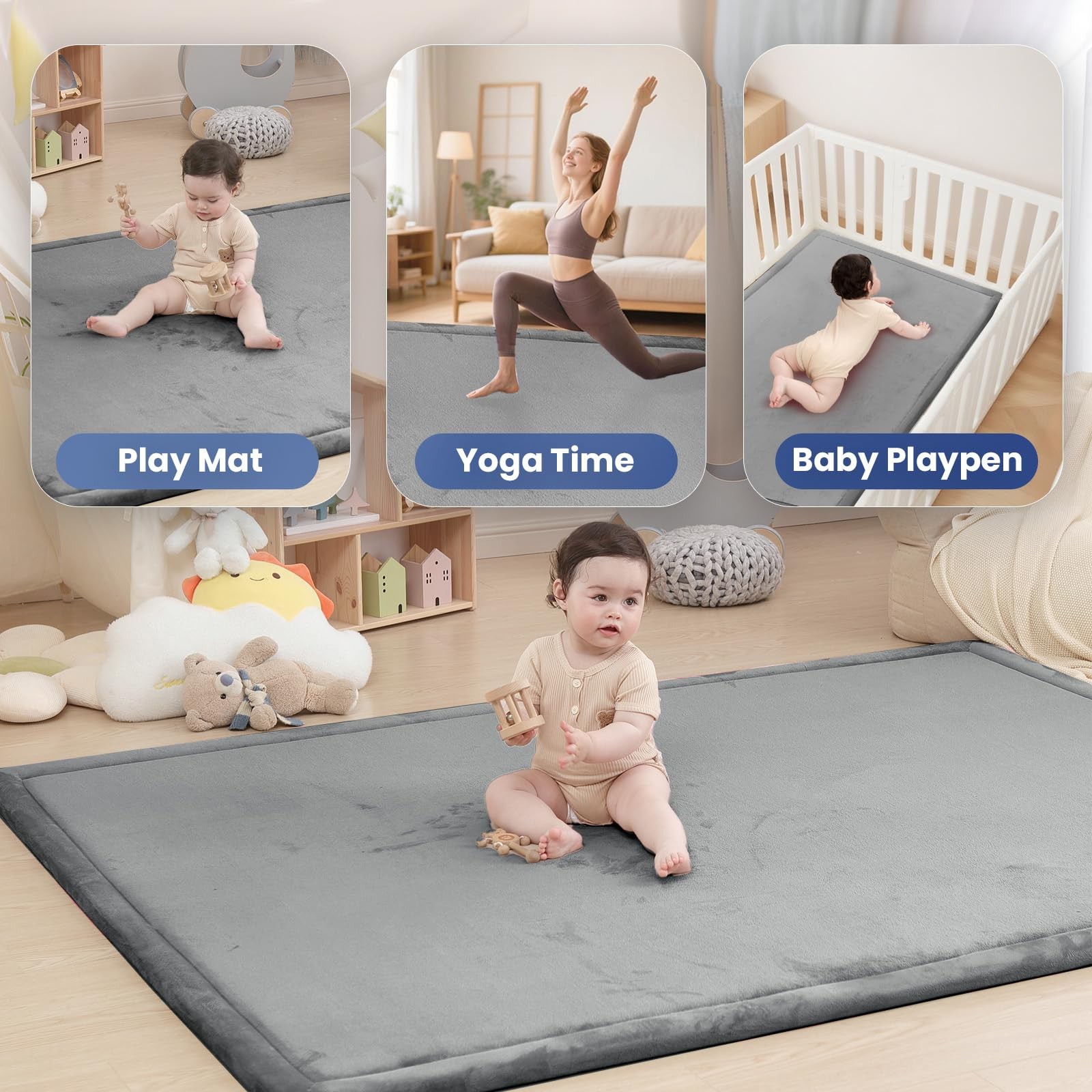 Baby Play Mat for Floor,1.3" Thick Memory Foam Tummy Time Mat,Soft Coral Velv...