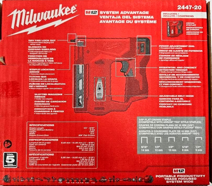 NEW N BOX Milwaukee 2447-20 M12 Cordless Compact 3/8" Crown Stapler 12 Volt