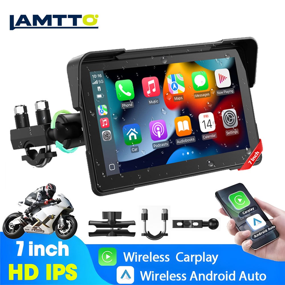 7" Touch Screen Portable Moto Stereo Wireless CarPlay Android Auto Waterproof