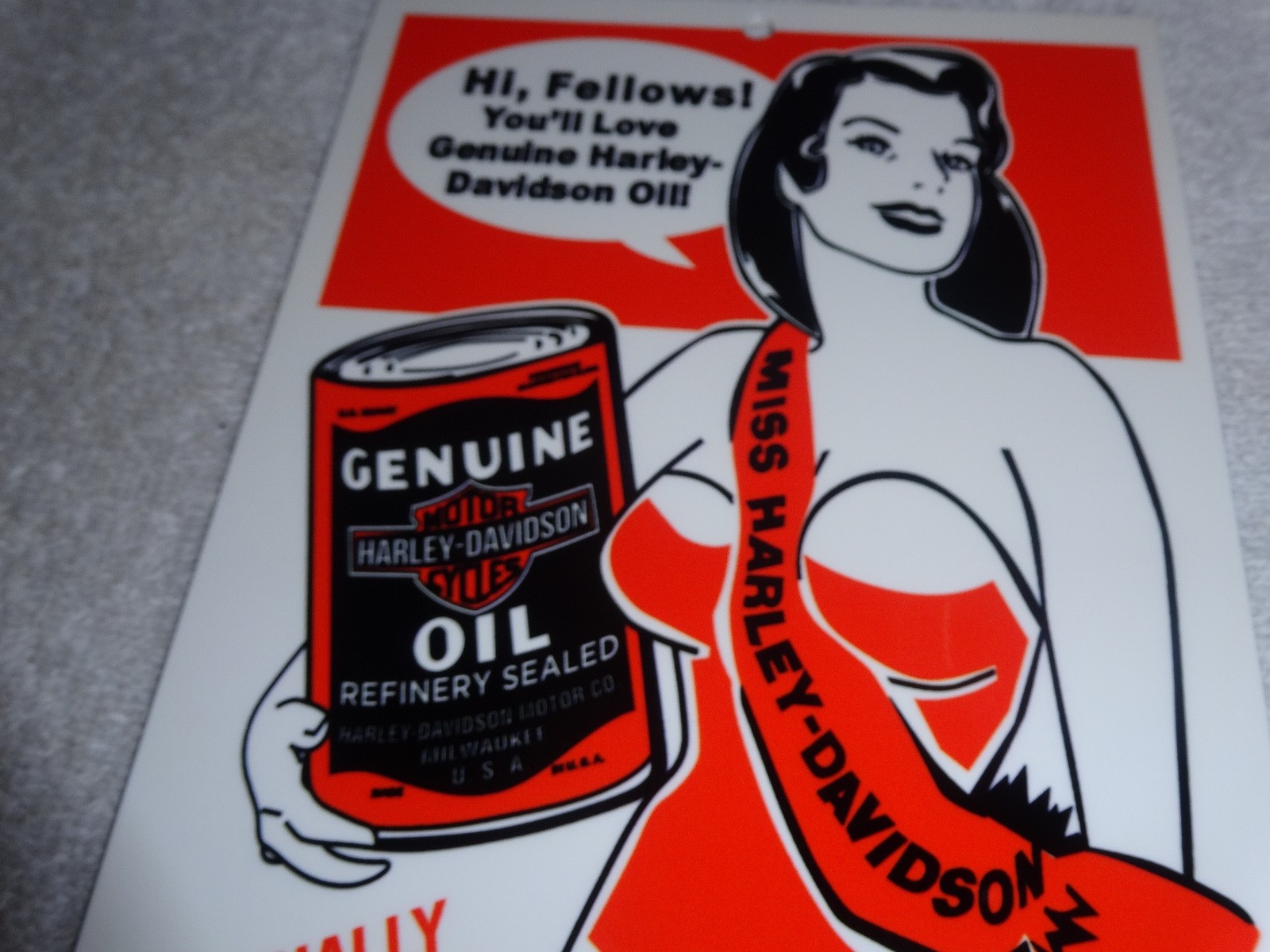 VINTAGE HARLEY DAVIDSON MOTORCYCLES WOMAN W/ LG OIL CANS 15" METAL GASOLINE SIGN