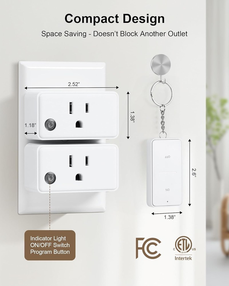 2 Pack Remote Control Outlet, 15A Wireless Light Switch for Household Appliances