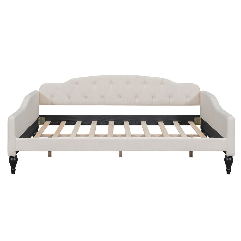 Full Size Daybed Linen Upholstered Bed Frame Sofa Bed for Bedroom Beige