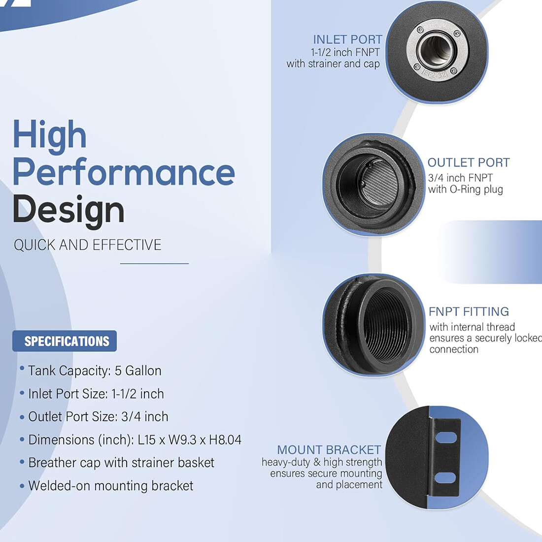 5 Gallon 14 Gauge Steel Hydraulic Fluid Reservoir Tank 1.5" Inlet 0.75" Outlet