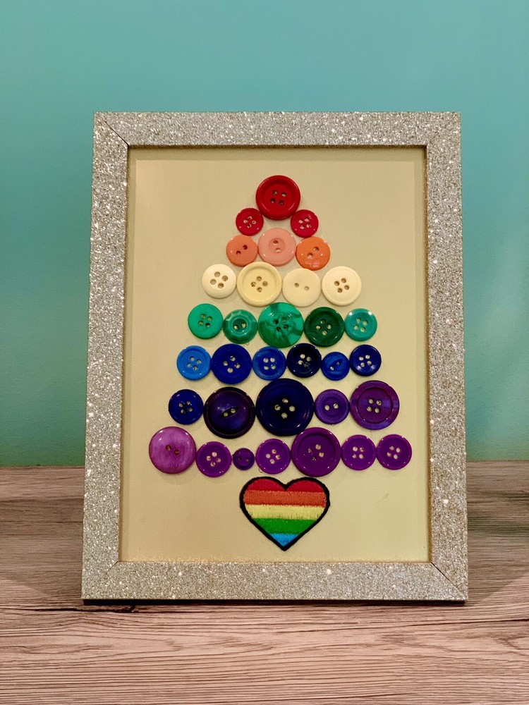 Rainbow Pride Button Art Christmas Tree 5”x7” One of a Kind