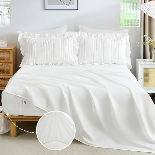 Comforter Set,7 Pieces Ruffle Comforter Set with Sheets,Textured King White