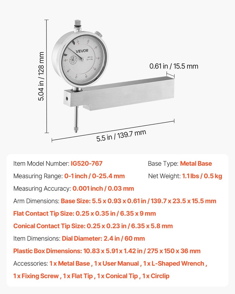 VEVOR Dial Test Indicator Metal Base 0.001 in Accuracy 0-1 Range Precision Tool