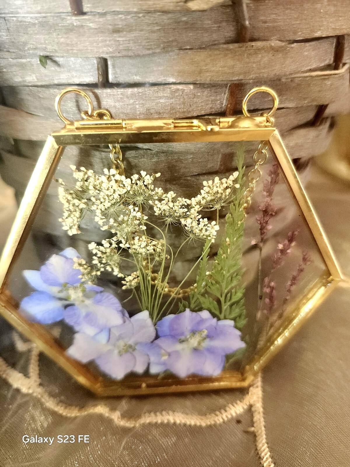 Wall Art Dried Pressed Real Flowers in Glass frame hexagon 3.5 in handmade gift
