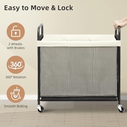 Rolling Laundry Hamper with Wheels Laundry Sorter Rolling 3-Section Beige