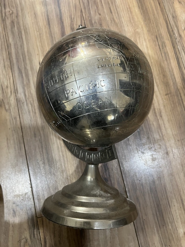 Large Globe, World Map Engraved in Chrome Silver Metal 13”