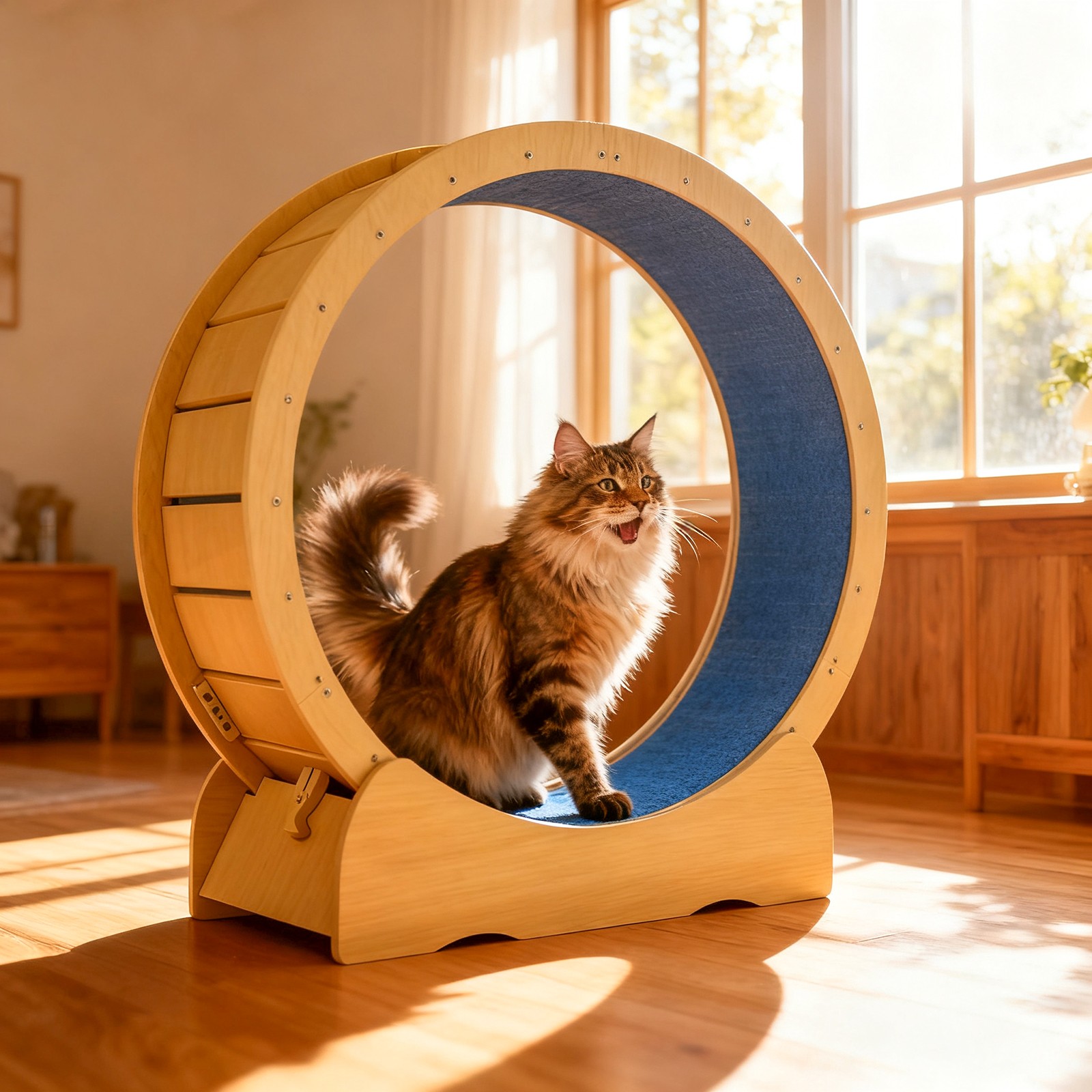 42"Cat Exercise Wheel for Indoor Cats with Detachable Carpeted Runway Solid Wood