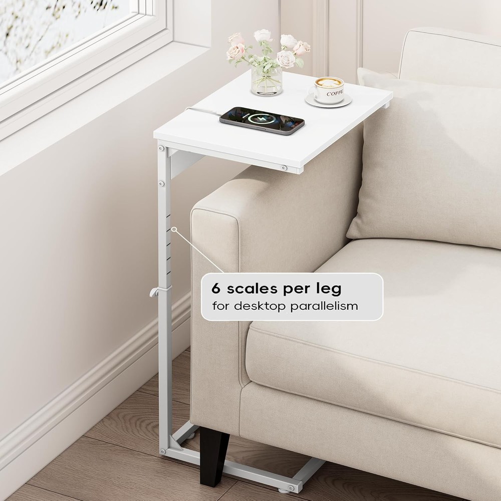 C Shaped End Table W/ Charging Station Adjustable Height Side Table Couch,Small