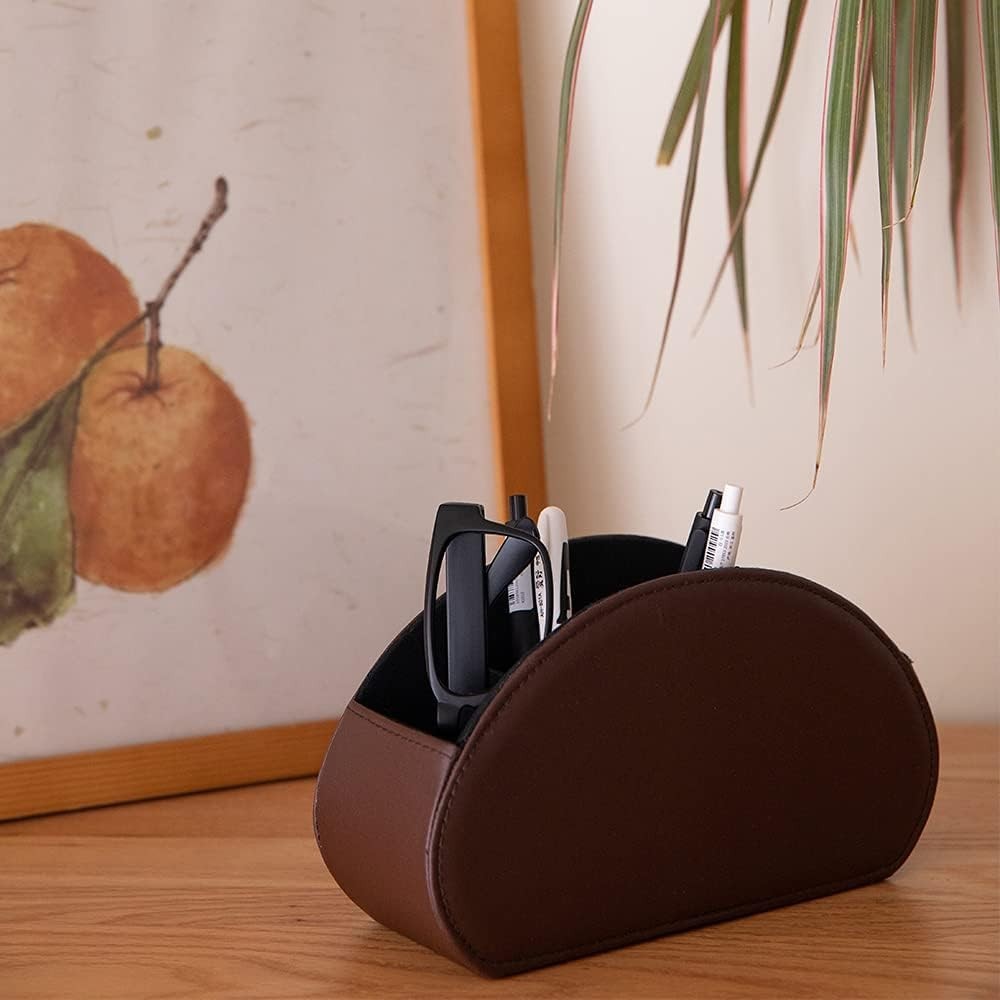 Remote Control Holder Organizer Table Desk Leather Control Storage Dark Brown