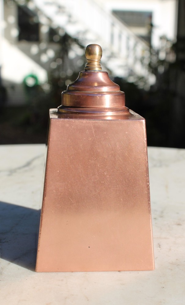 Antique Copper Brass Tea Caddy with Lid Tin Lined Stash Box, Pyramid Shape