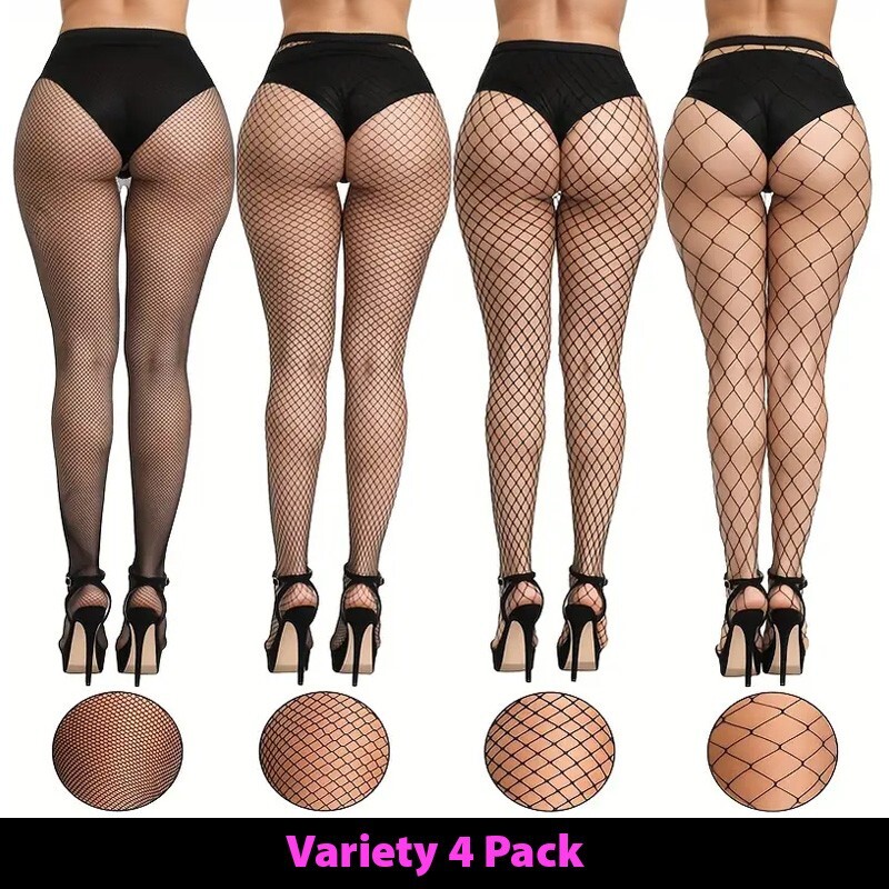 4 Variety Pack Women High Waist Pantyhose Fishnet Sheer Stockings Mesh Hosiery