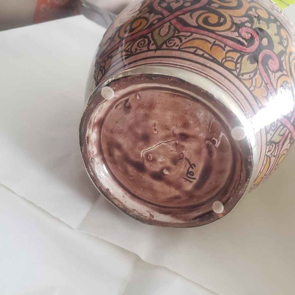 Middle Eastern Large Vase Ceramic with - Brass/Copper Lining ?? 15X11"