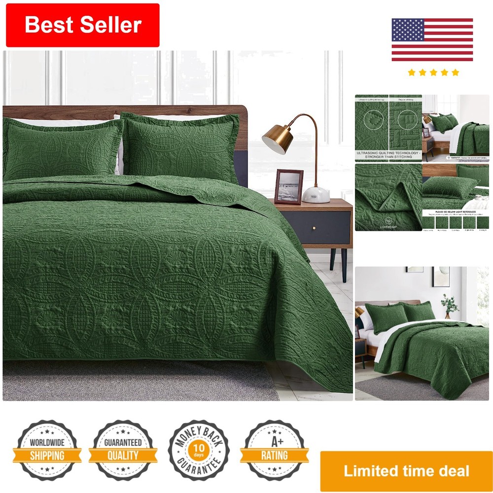 King Size Quilt Set - Lightweight Bedspread with Coin Pattern - Olive Green