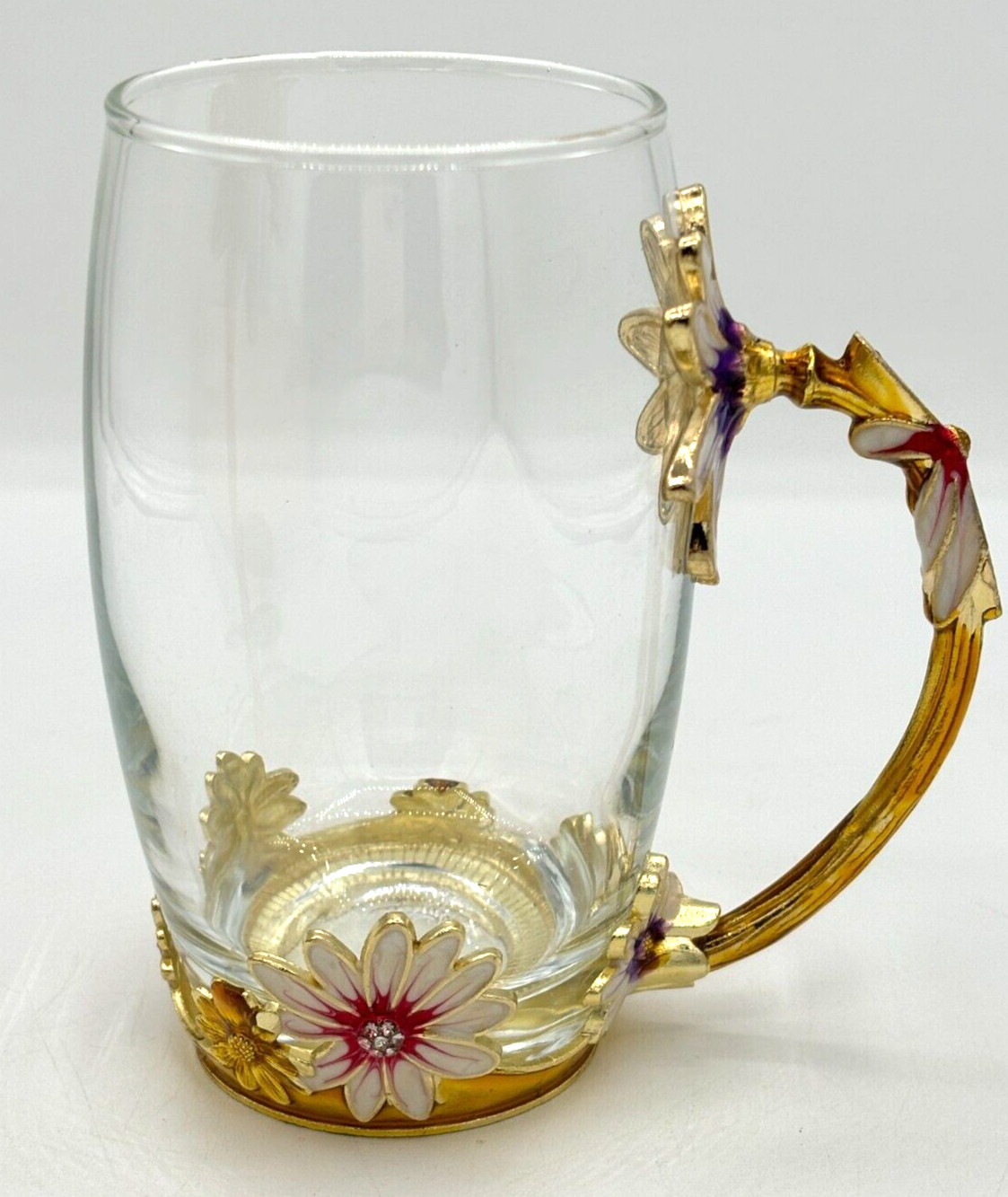 Luxury Glass 12oz Teacup Set Enamel Flower Handle and Base With Teaspoon Coaster