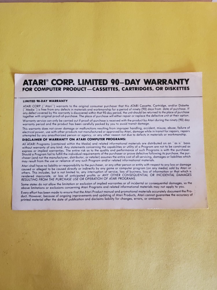atari 90 day warranty insert
