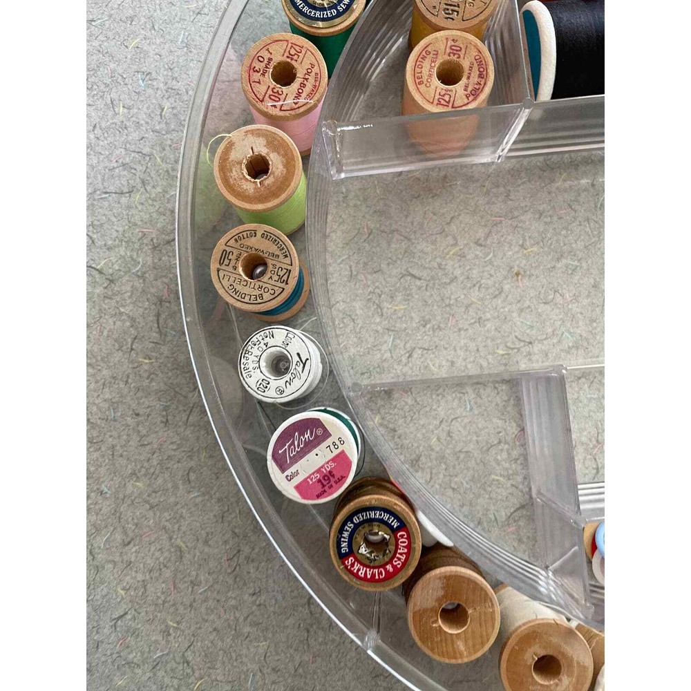 Vintage round sewing caddy with extras