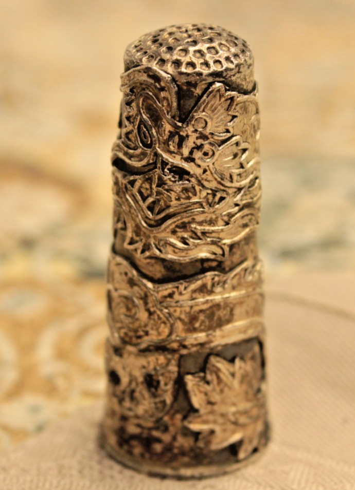 Extra Large Full Finger Eastern Dragon Sterling Silver Thimble Sewing Accessory