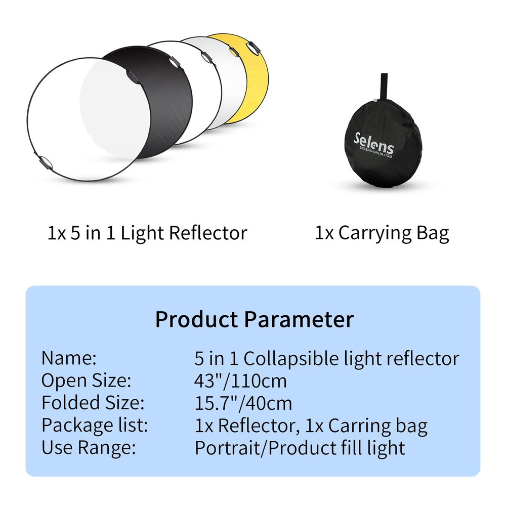 Photography Reflector 43 Inch 5 in 1 Collapsible Light Diffuser Disc Studio
