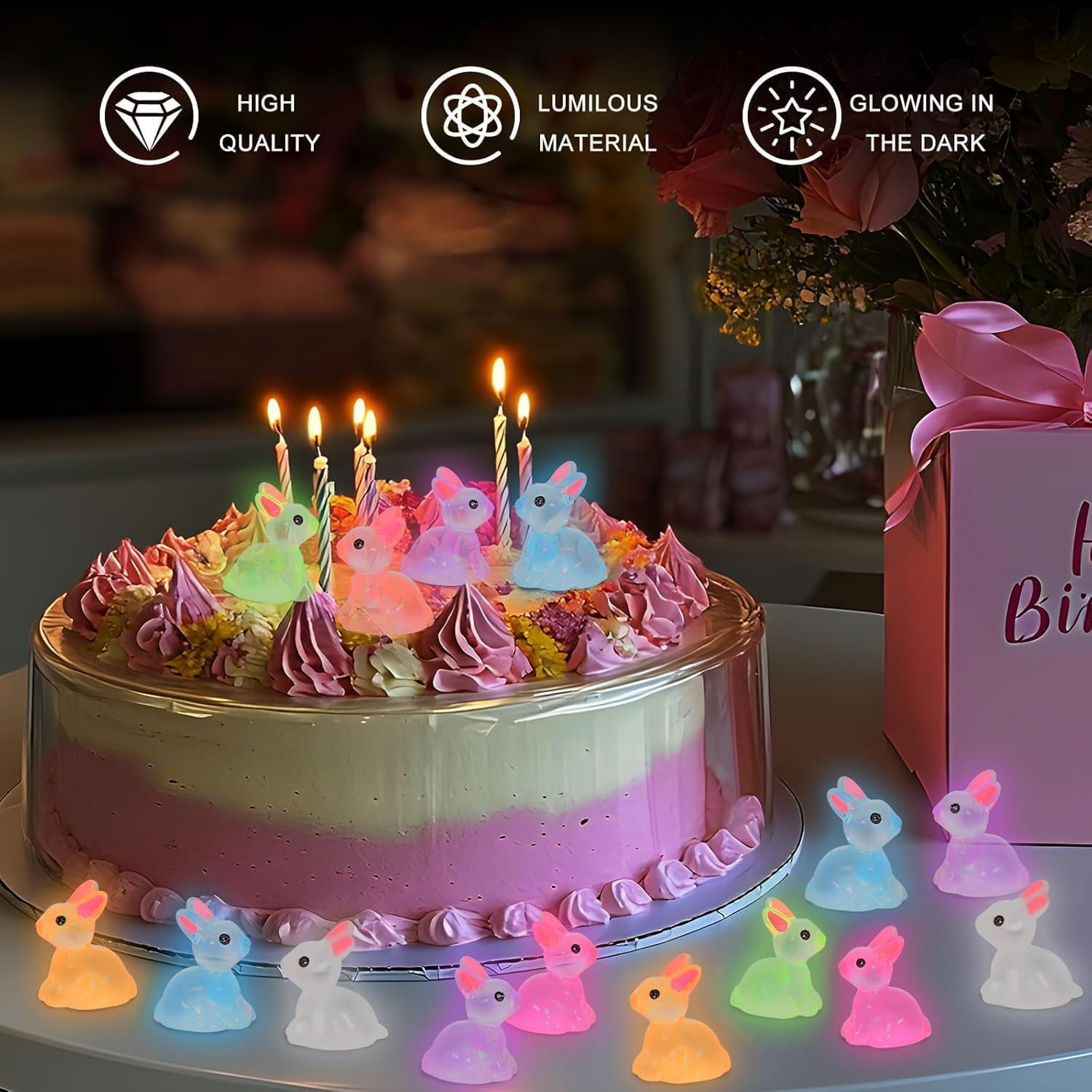 60pcs Easter Luminous Mini Resin Bunny,Glow in Dark Resin Rabbit Figures for Fai