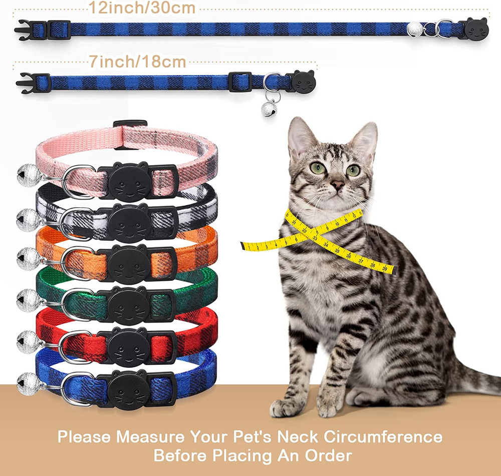 6 Pack Classic Plaid Cat Collars with Bells - Breakaway Kitten Collar and Adjust