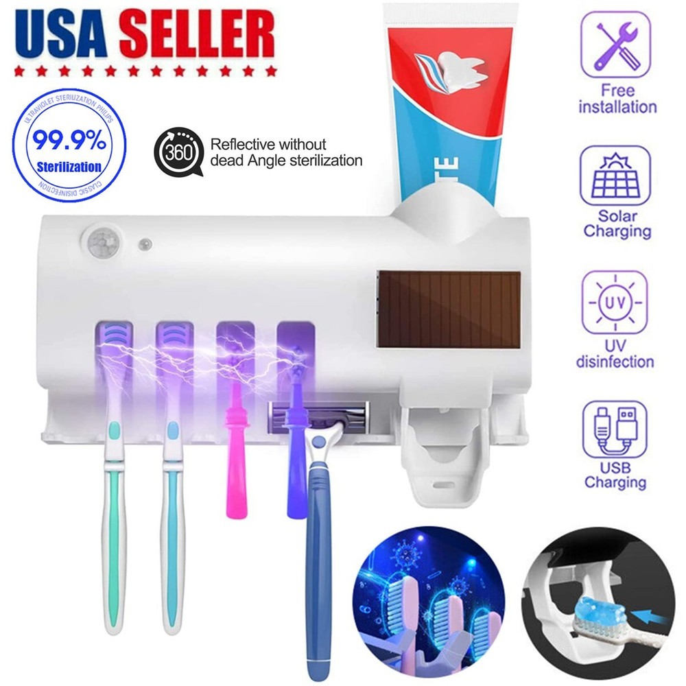 UV Light Sterilizer Toothbrush Holder Cleaner & Automatic Toothpaste Dispenser
