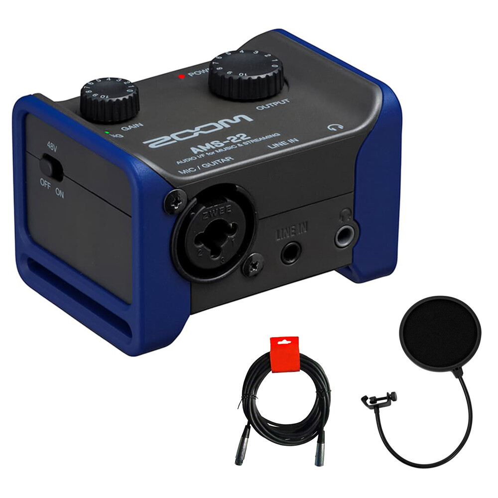 Zoom AMS-22 2x2 USB Audio Interface Bundle with Kellopy Pop Filter and Cables