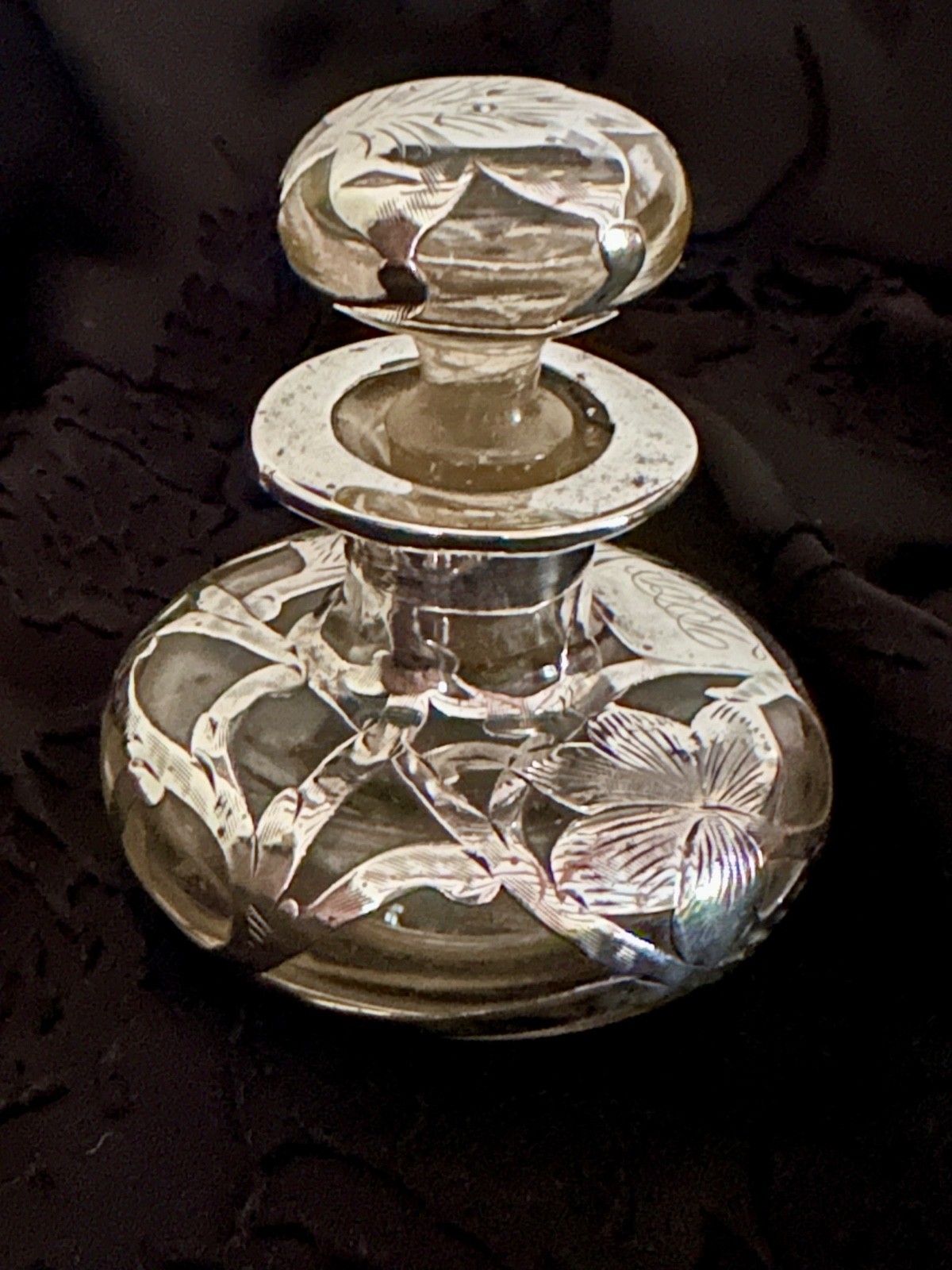 Antique Art Nouveau Sterling Silver Overlay Clear Glass Scent/Perfume Bottle