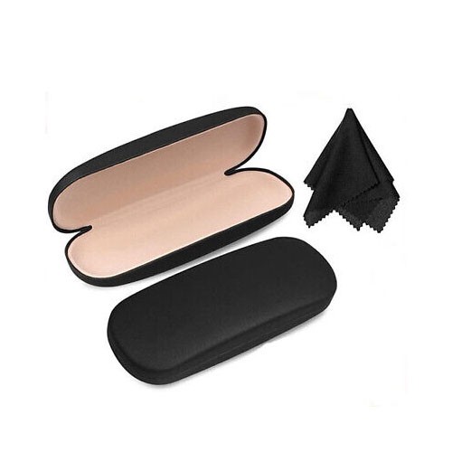 NEW Clam Shell Hard Eyeglasses PU Glasses Case Black w/Microfiber Cleaning Cloth