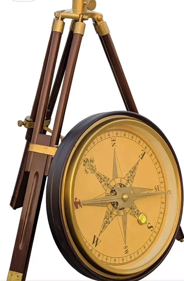 Antique Brass Large Compass Coffee Table, Side Table Working Compass With Tripod