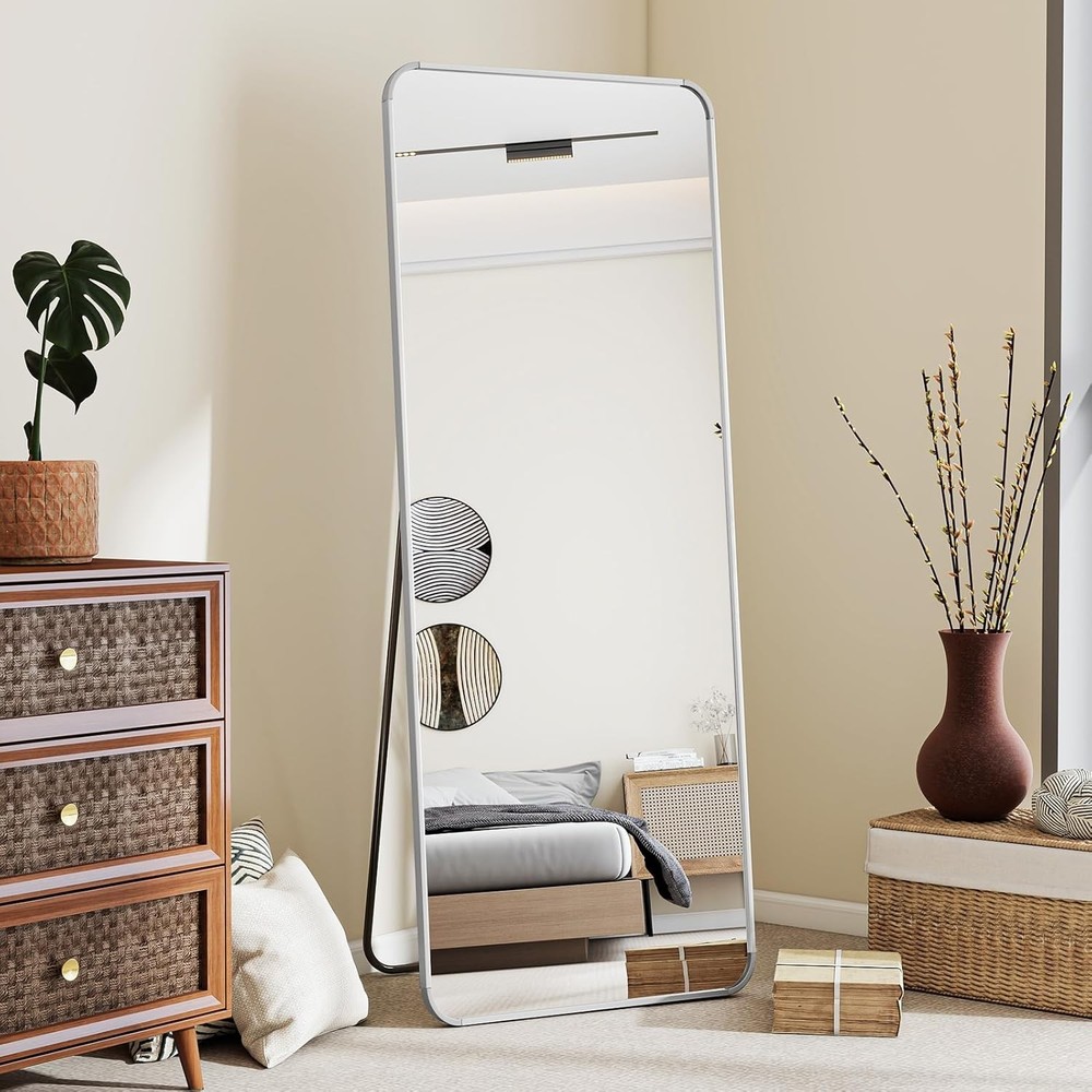 Silver Full Length Mirror 56"x21" Rounded Corner Floor Mirror Standing Hanging