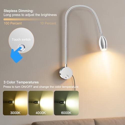 Wall Mounted LED Reading Light with 360° 15" Bedside reading light Silver 1pack