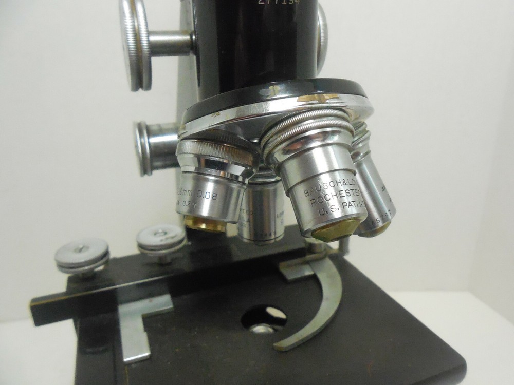 Vintage Bausch & Lomb Microscope and Original Case Four Objective Lenses