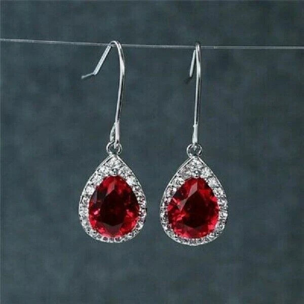 2Ct Pear Cut Lab-Created Ruby Women's Drop/Dangle Earrings 14K White Gold Plated