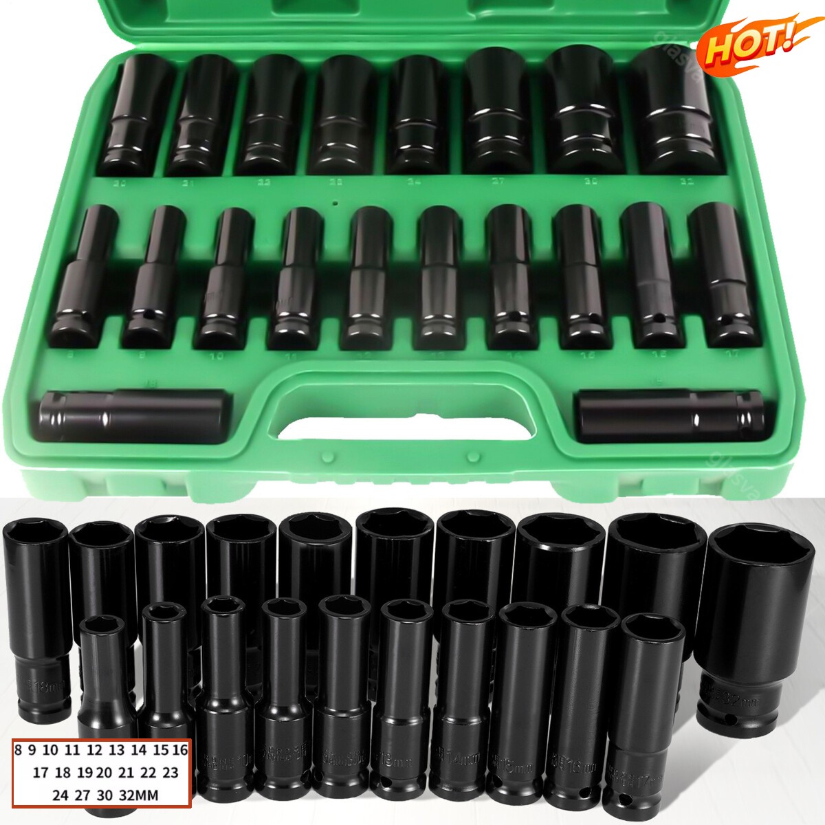 20PCS 1/2''Deep Impact Sockets Set Drive Metric 8mm-32mm Deep 6-Point Set w/case