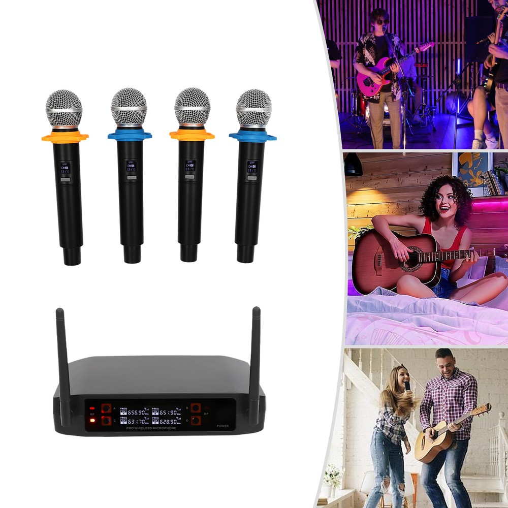 4 Channel Microphone Pro Audio System UHF Wireless Handheld Dynamic Mic Party
