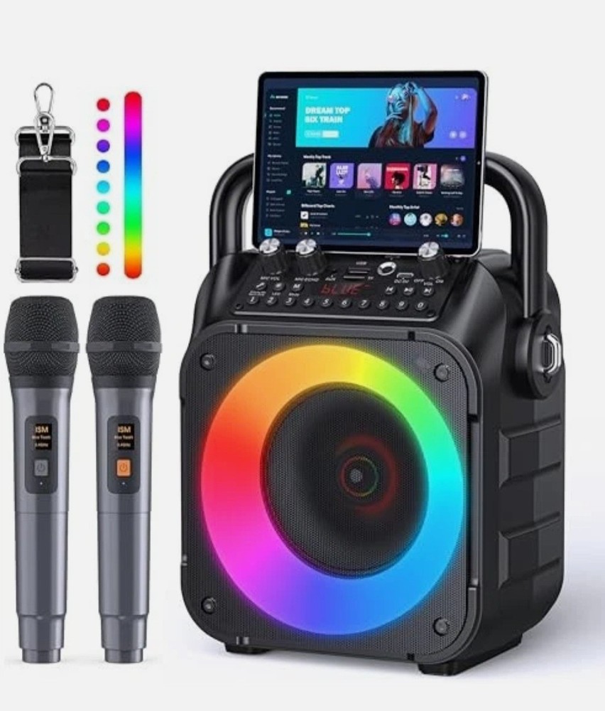 Karaoke Machine, Portable Bluetooth Speaker with 2 Wireless Microphones Black
