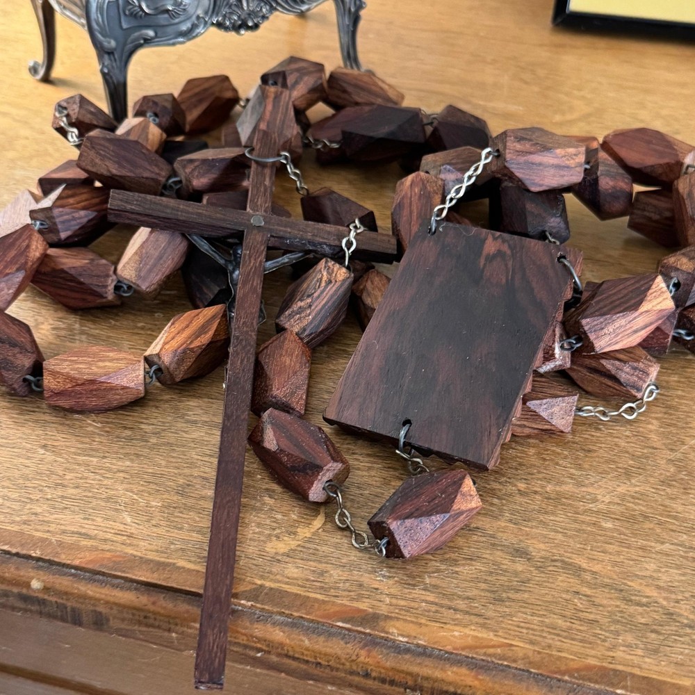 Vintage Wood & Silver Plate Wall Rosary
