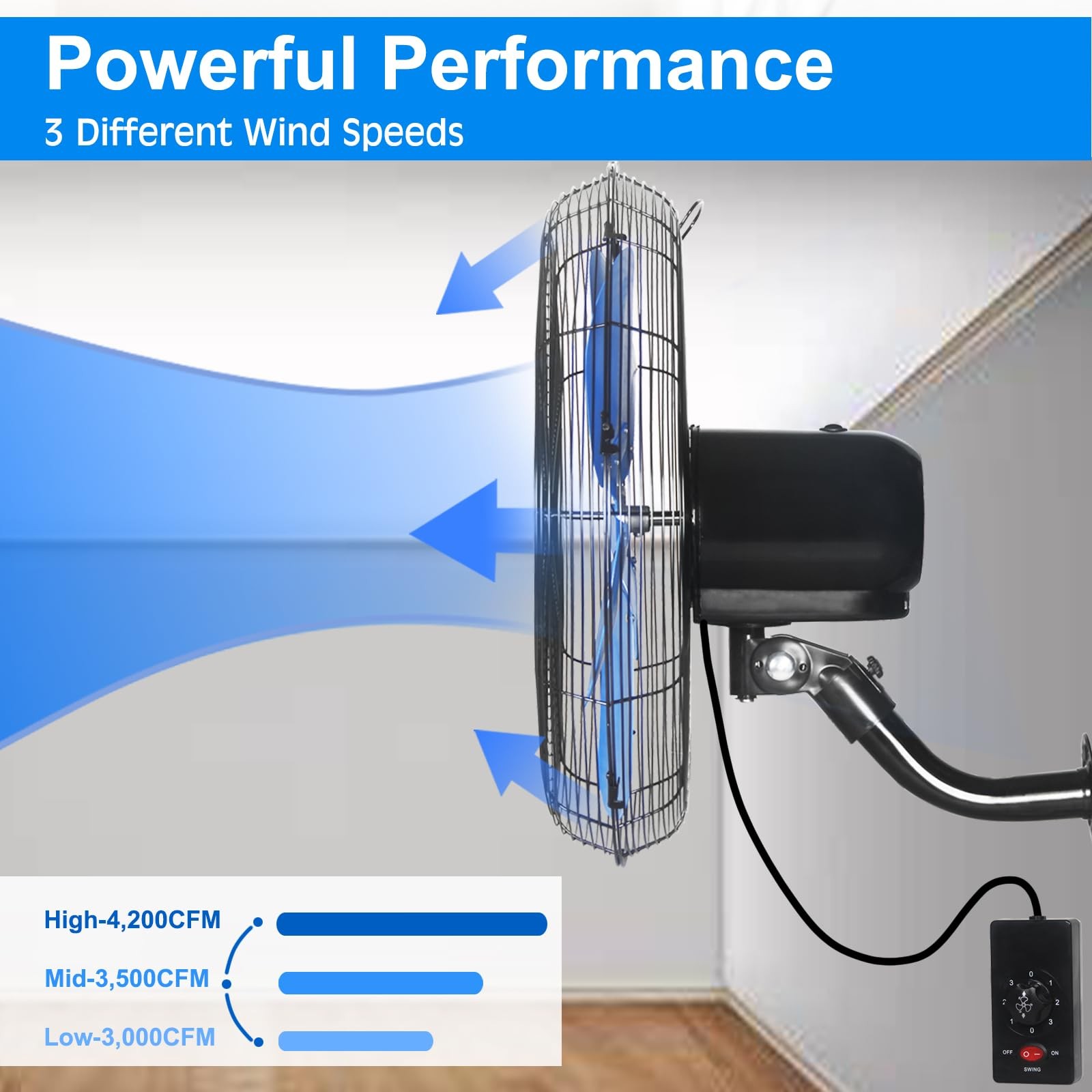 18 Inch Industrial Oscillating Wall Mount Fan 4200CFM 3- Speed