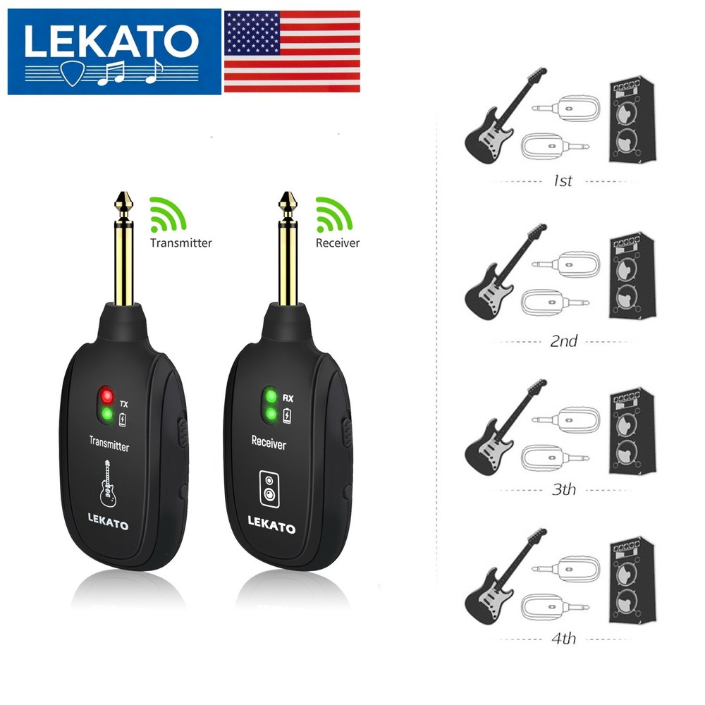LEKATO Rechargeable Wireless Guitar System UHF Transmitter Receiver 4 Channels