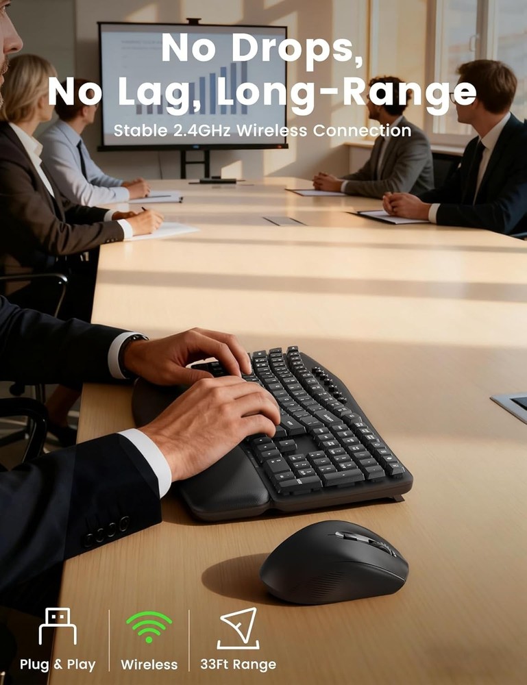 Wireless Keyboard and Mouse Combo, SABLUTE MA41 30dB Quiet Ergonomic Wave Keyboa