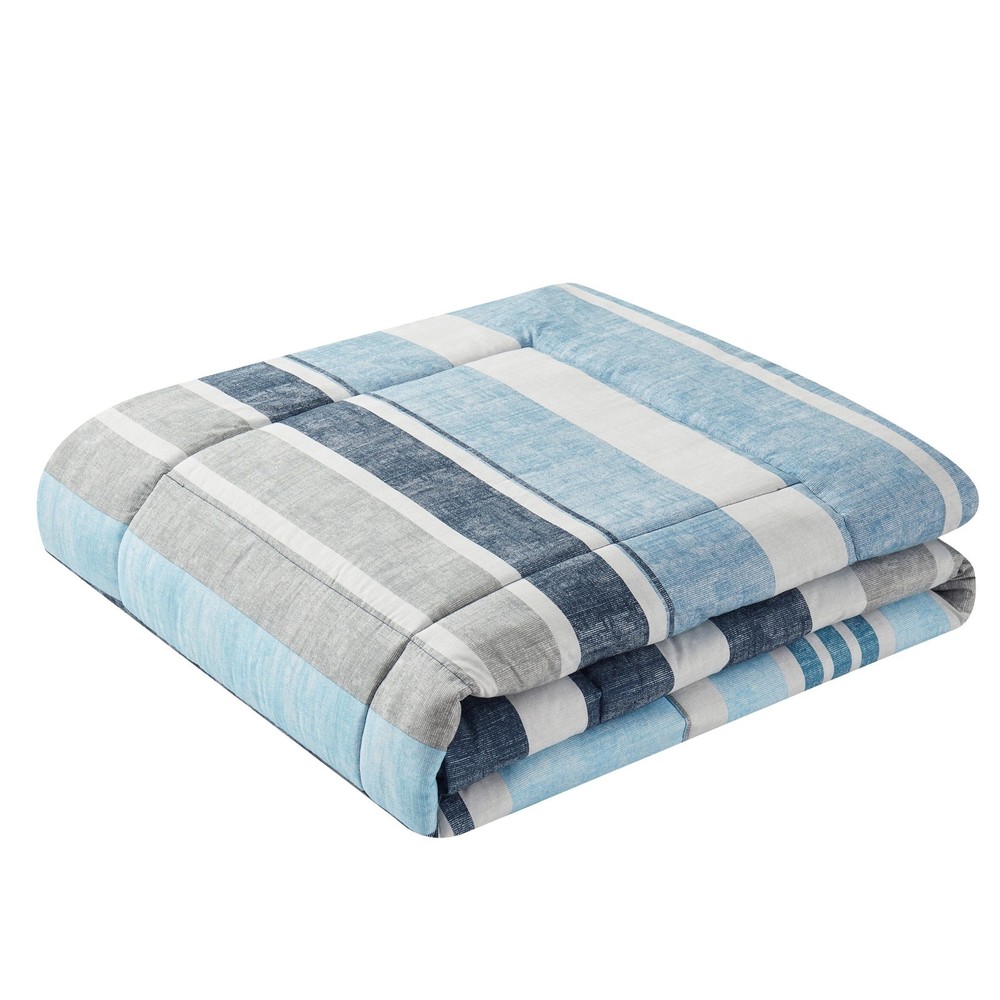 All in One Reversible Comforter & sheet set- 7 Piece Queen Blue Stripe