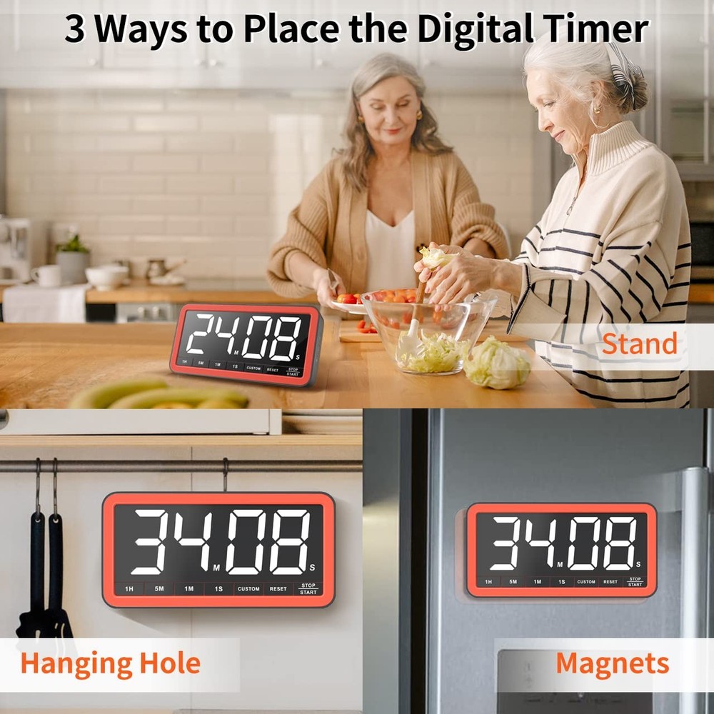 Digital Kitchen Timer with 7.8” Extra Large Display, Magnetic LED, with 3 Bri...
